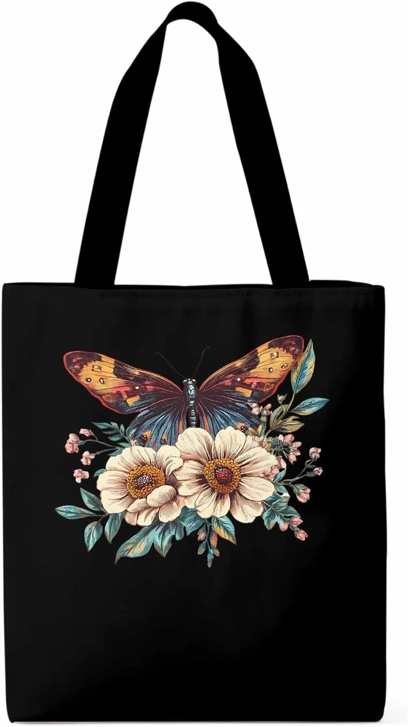 Butterfly Retro Floral Flower Canvas Tote Bag, Aesthetic Canvas Tote Handbags for Women Shoulder Bag