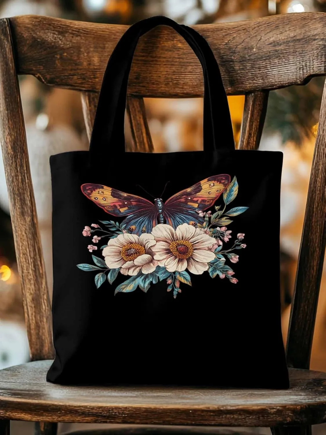 Butterfly Retro Floral Flower Canvas Tote Bag, Aesthetic Canvas Tote Handbags for Women Shoulder Bag