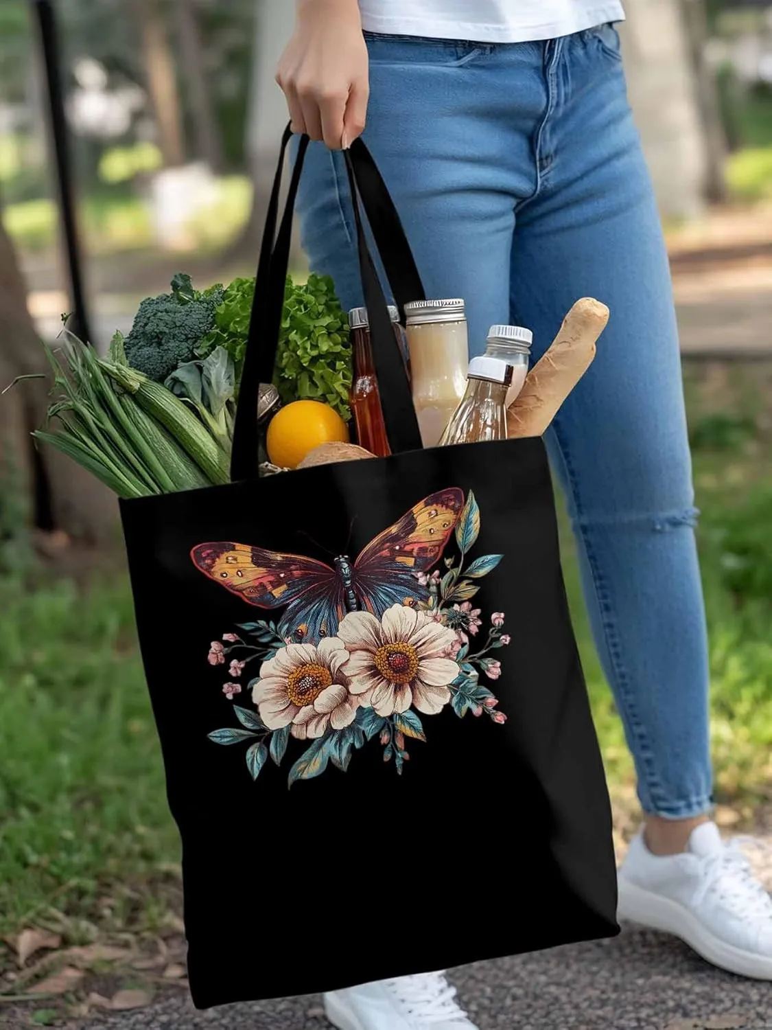 Butterfly Retro Floral Flower Canvas Tote Bag, Aesthetic Canvas Tote Handbags for Women Shoulder Bag