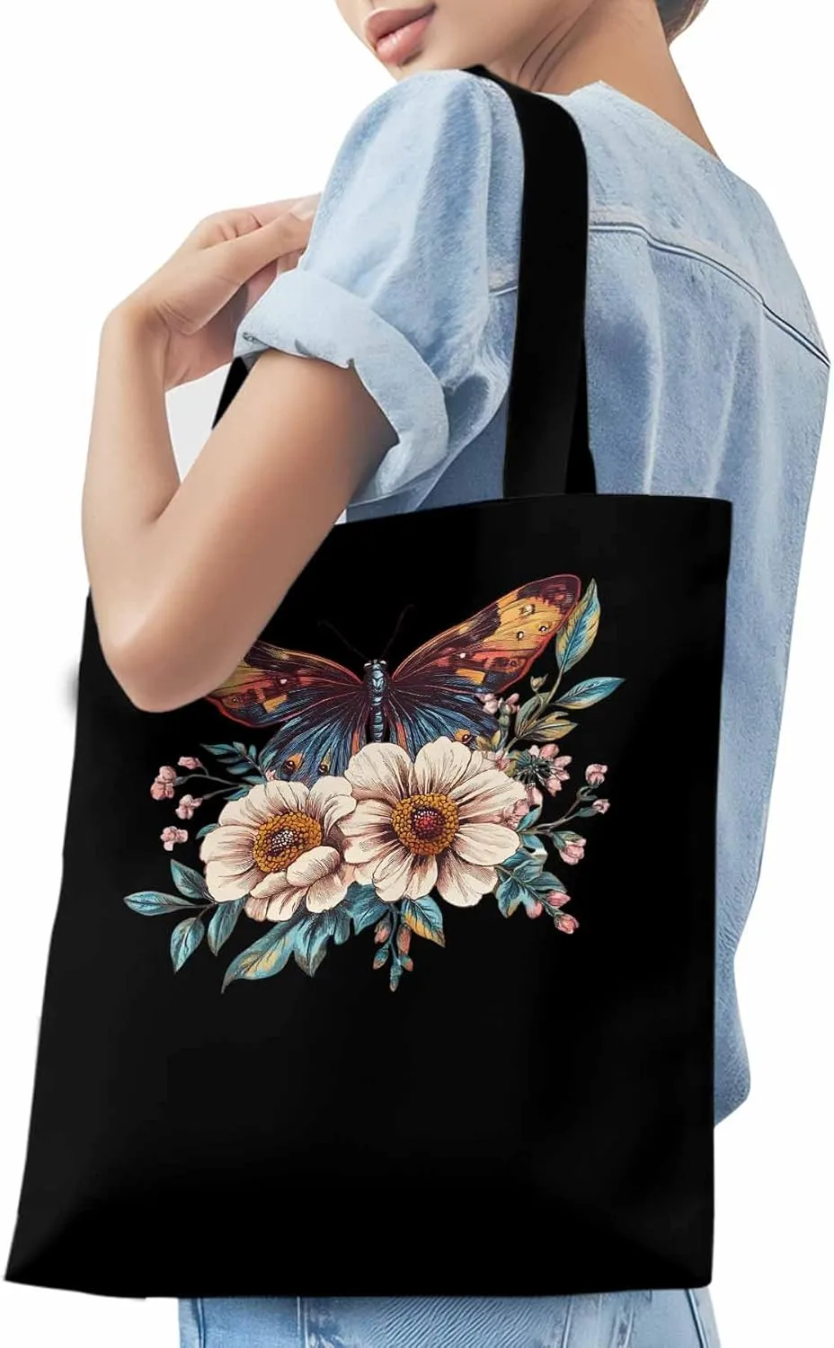 Butterfly Retro Floral Flower Canvas Tote Bag, Aesthetic Canvas Tote Handbags for Women Shoulder Bag
