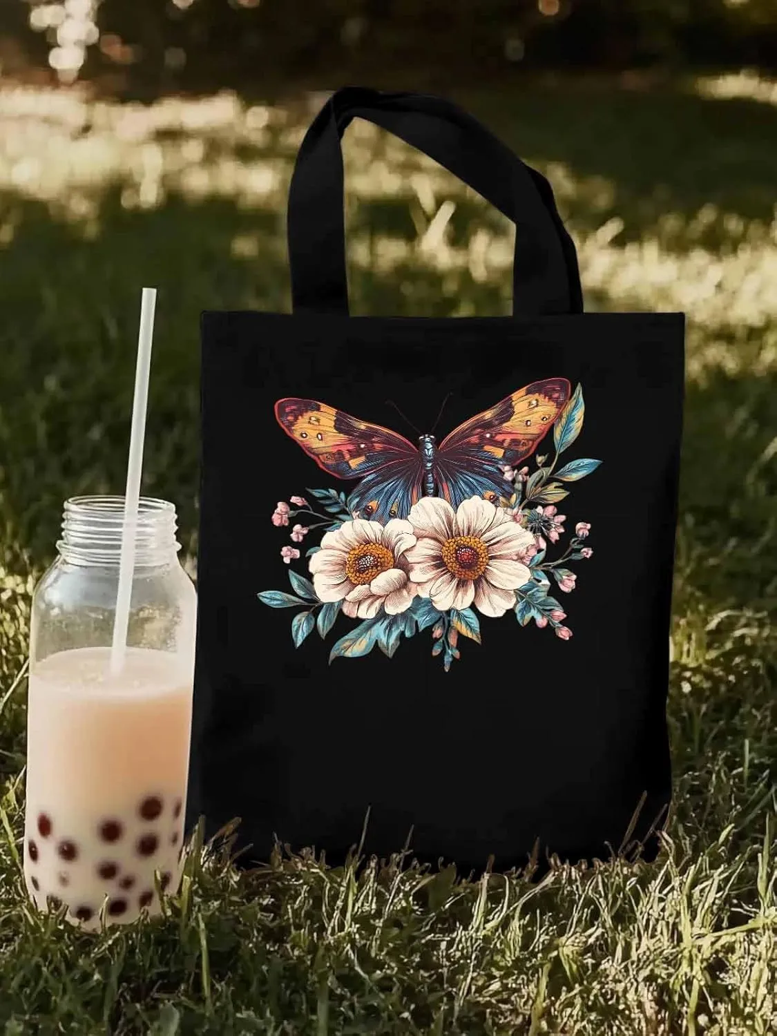 Butterfly Retro Floral Flower Canvas Tote Bag, Aesthetic Canvas Tote Handbags for Women Shoulder Bag