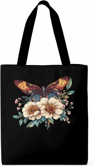 Butterfly Retro Floral Flower Canvas Tote Bag, Aesthetic Canvas Tote Handbags for Women Shoulder Bag