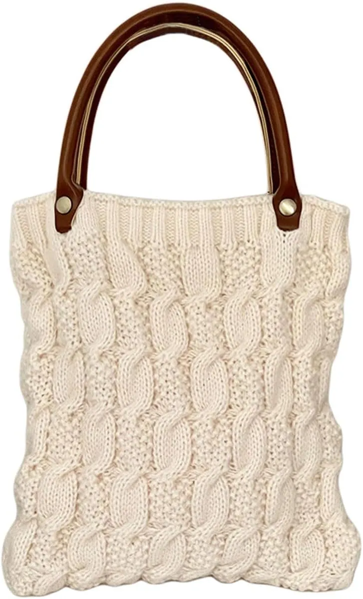 Cable Knit Crochet Tote Bag for Women Leather Top Handle Solid Color Small Hand Bags Clutch Purse, Beige