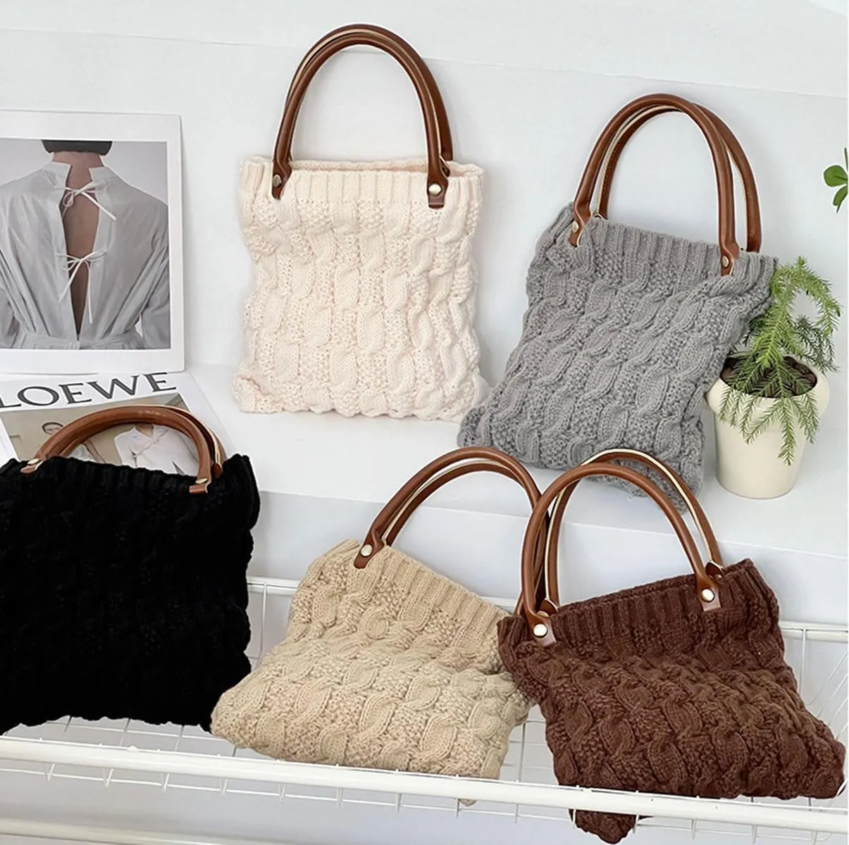 Cable Knit Crochet Tote Bag for Women Leather Top Handle Solid Color Small Hand Bags Clutch Purse, Beige