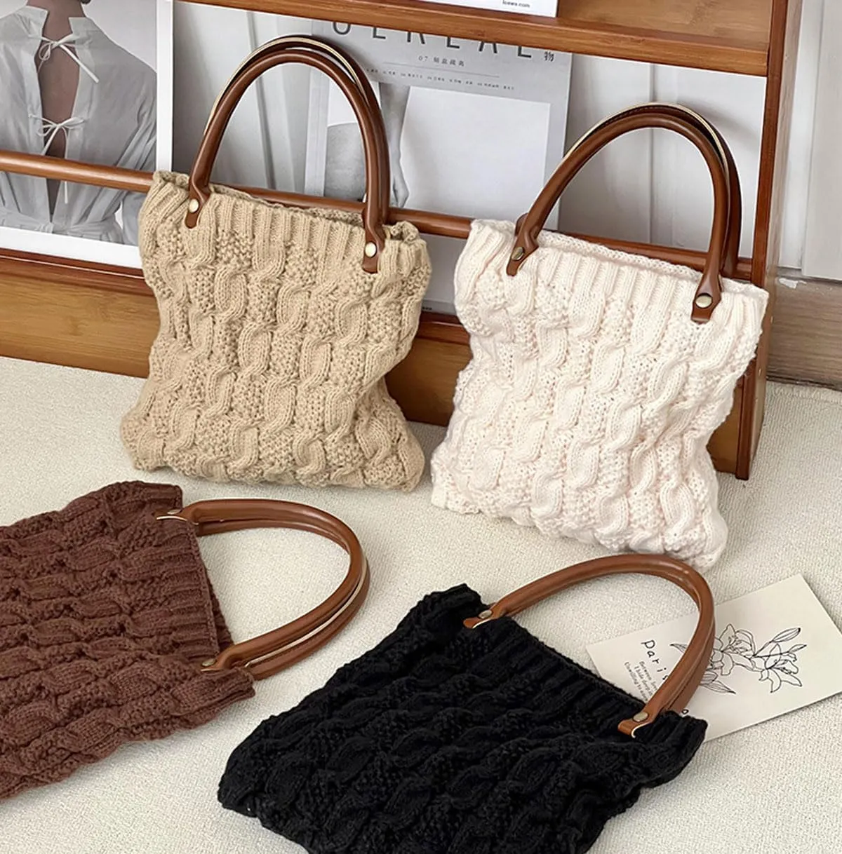 Cable Knit Crochet Tote Bag for Women Leather Top Handle Solid Color Small Hand Bags Clutch Purse, Beige