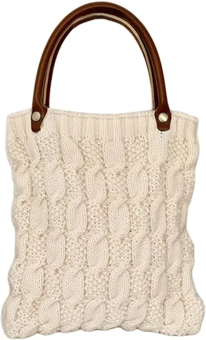 Cable Knit Crochet Tote Bag for Women Leather Top Handle Solid Color Small Hand Bags Clutch Purse, Beige
