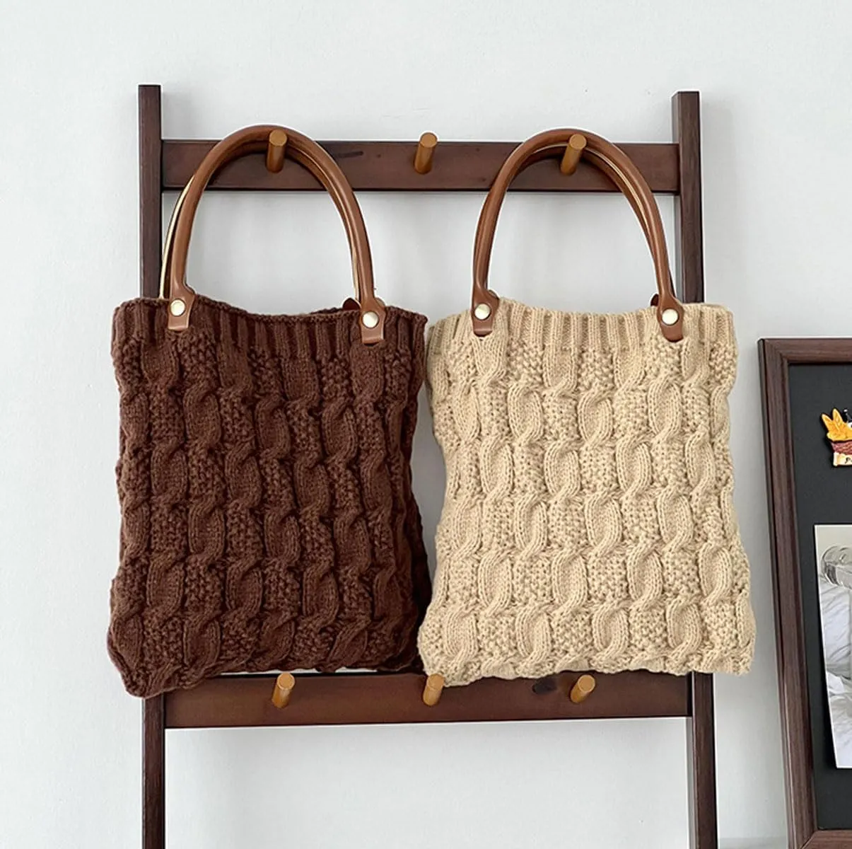 Cable Knit Crochet Tote Bag for Women Leather Top Handle Solid Color Small Hand Bags Clutch Purse, Beige