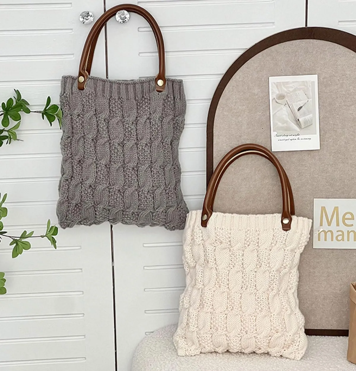 Cable Knit Crochet Tote Bag for Women Leather Top Handle Solid Color Small Hand Bags Clutch Purse, Beige