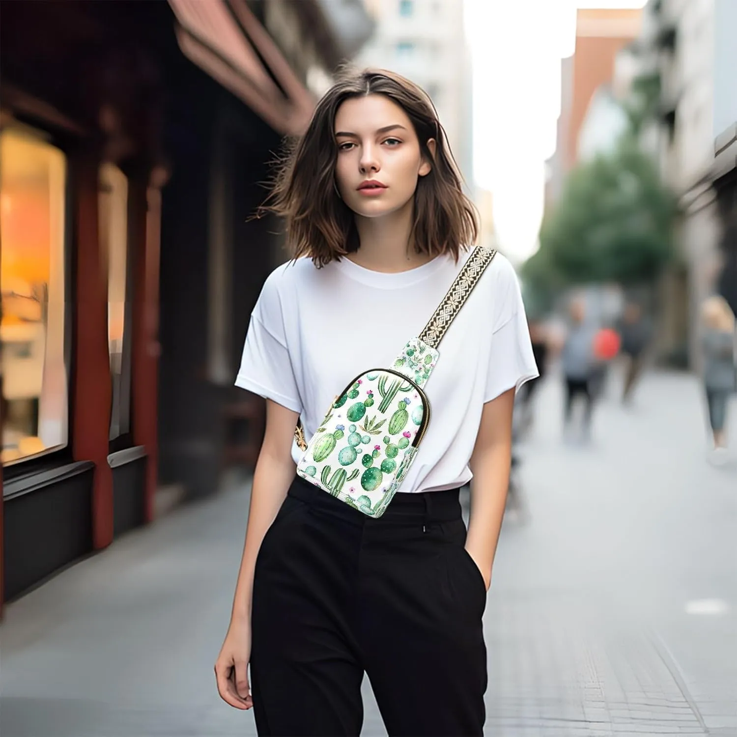 Cactus Succulent Floral Trendy Crossbody Bag Fashion Waist Packs Watercolor Summer Cross Body Leather Chest Bag for Women Travel Outdoor