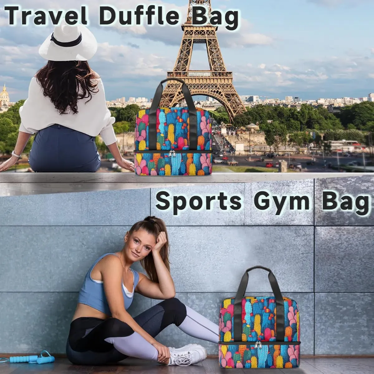 Cactus Tropical Plant Travel Duffel Bag Dry Wet Separated Sports Tote Travel Duffle Bag Gym Workout Bag Women Travel Duffel Bag for Women, Travel, Gym, Work