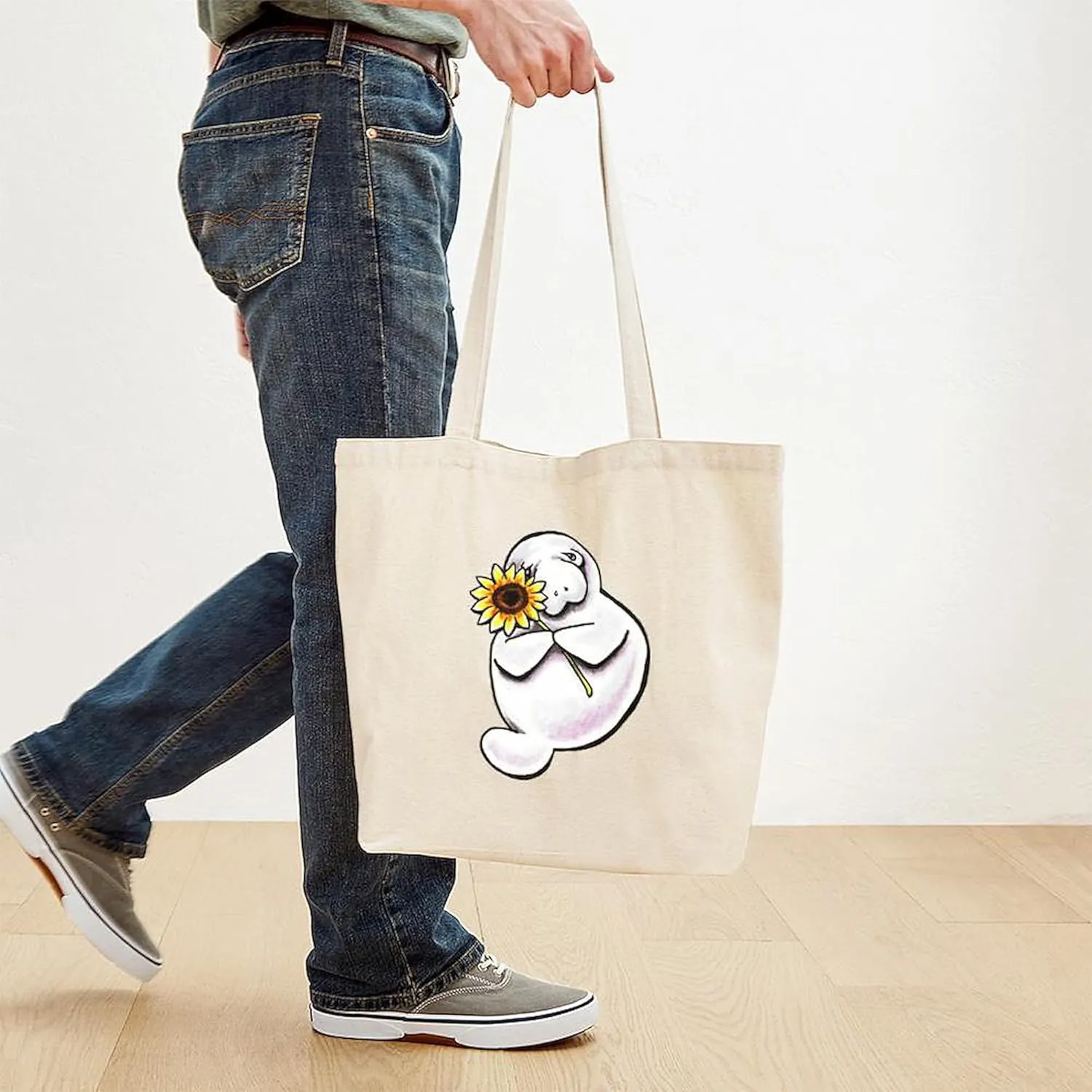 CafePress Sunny Manatee Tote Bag Reusable Natural Beige Canvas Shopping Bag