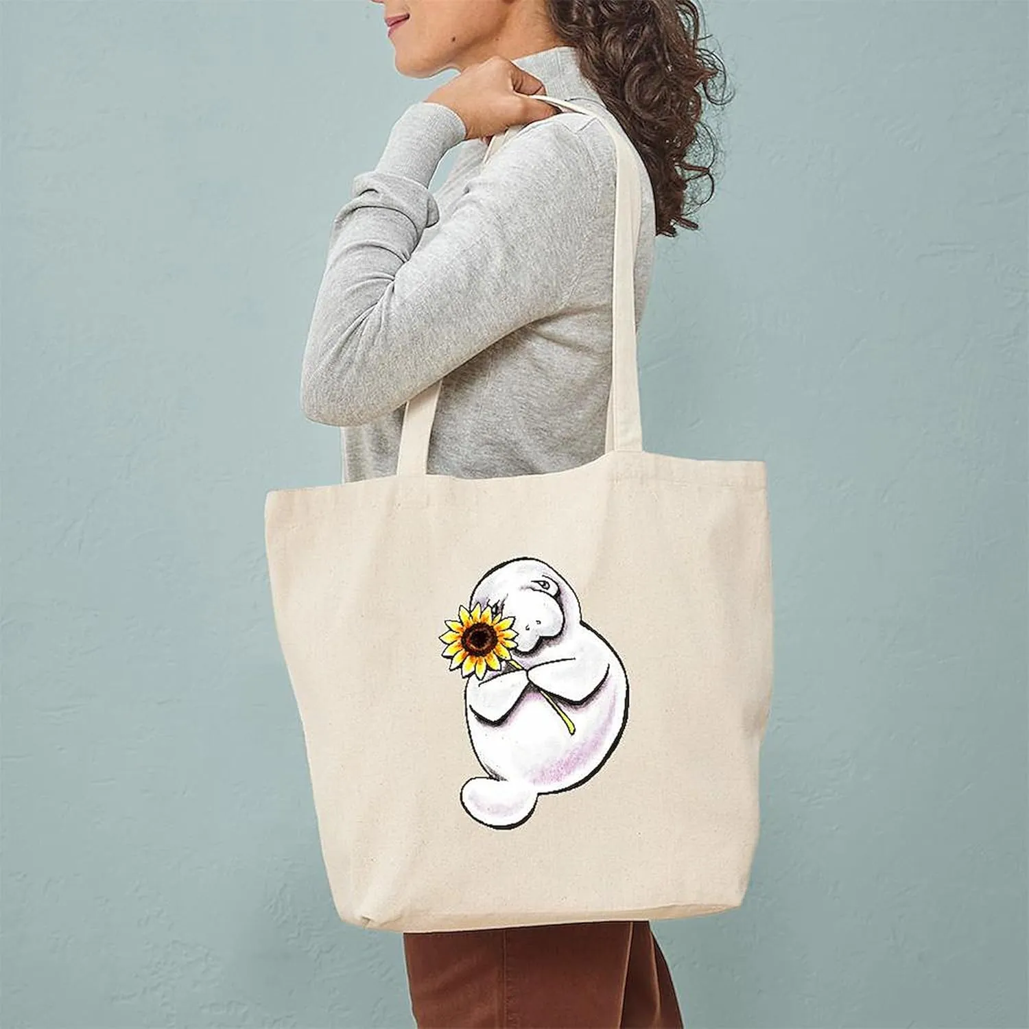 CafePress Sunny Manatee Tote Bag Reusable Natural Beige Canvas Shopping Bag