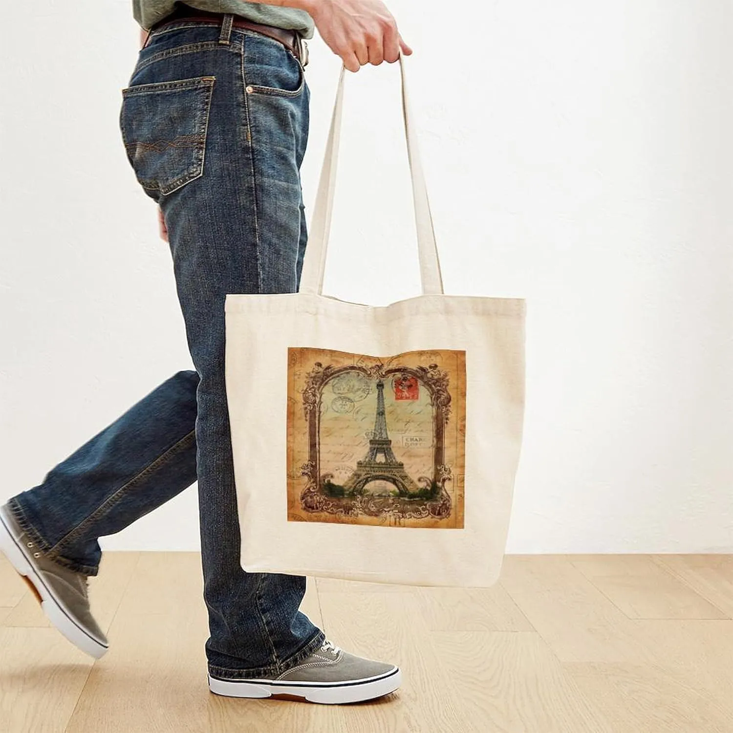 CafePress Vintage Paris Eiffel Tower Tote Bag Reusable Natural Beige Canvas Shopping Bag