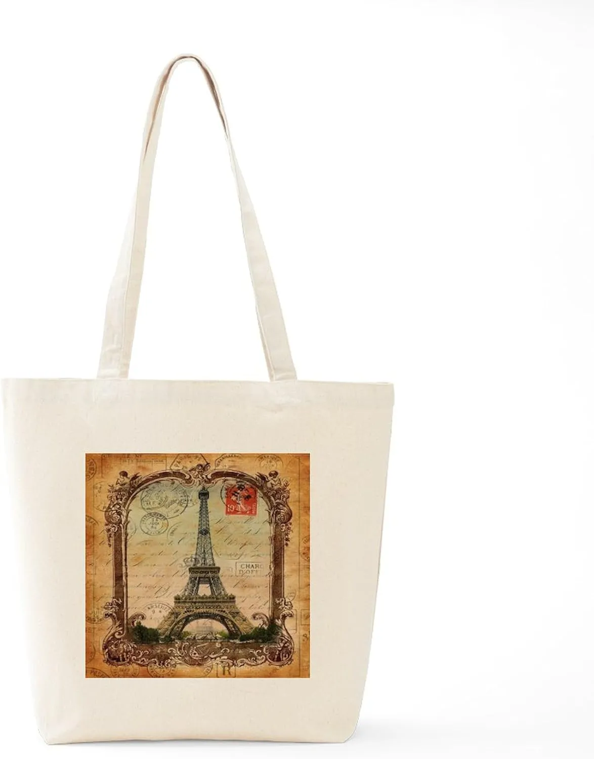 CafePress Vintage Paris Eiffel Tower Tote Bag Reusable Natural Beige Canvas Shopping Bag