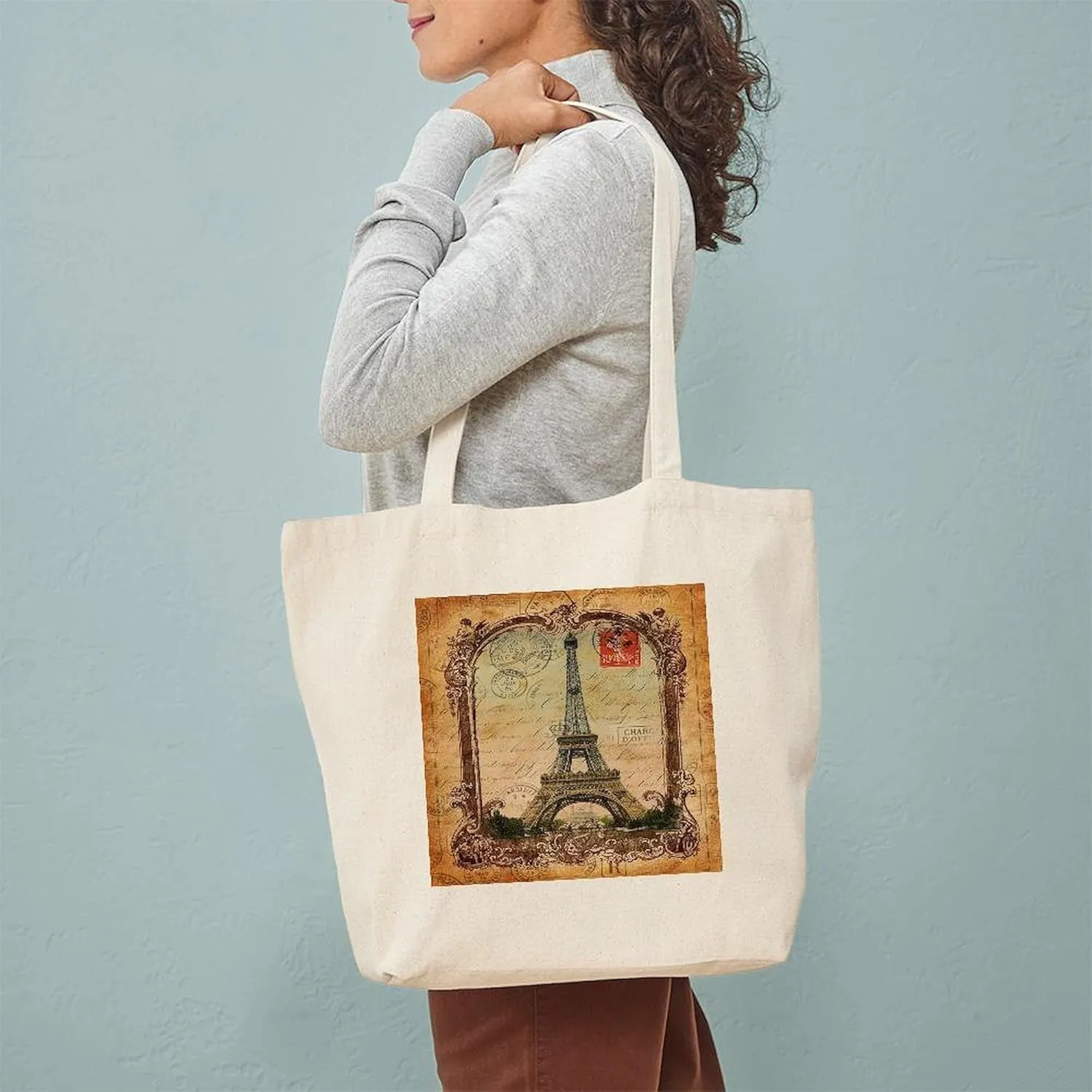 CafePress Vintage Paris Eiffel Tower Tote Bag Reusable Natural Beige Canvas Shopping Bag