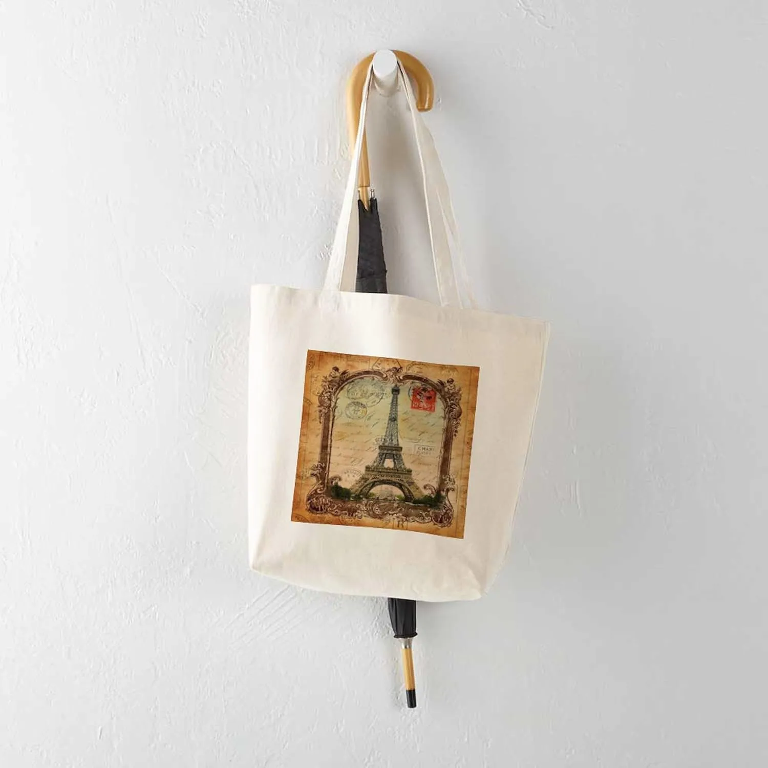 CafePress Vintage Paris Eiffel Tower Tote Bag Reusable Natural Beige Canvas Shopping Bag