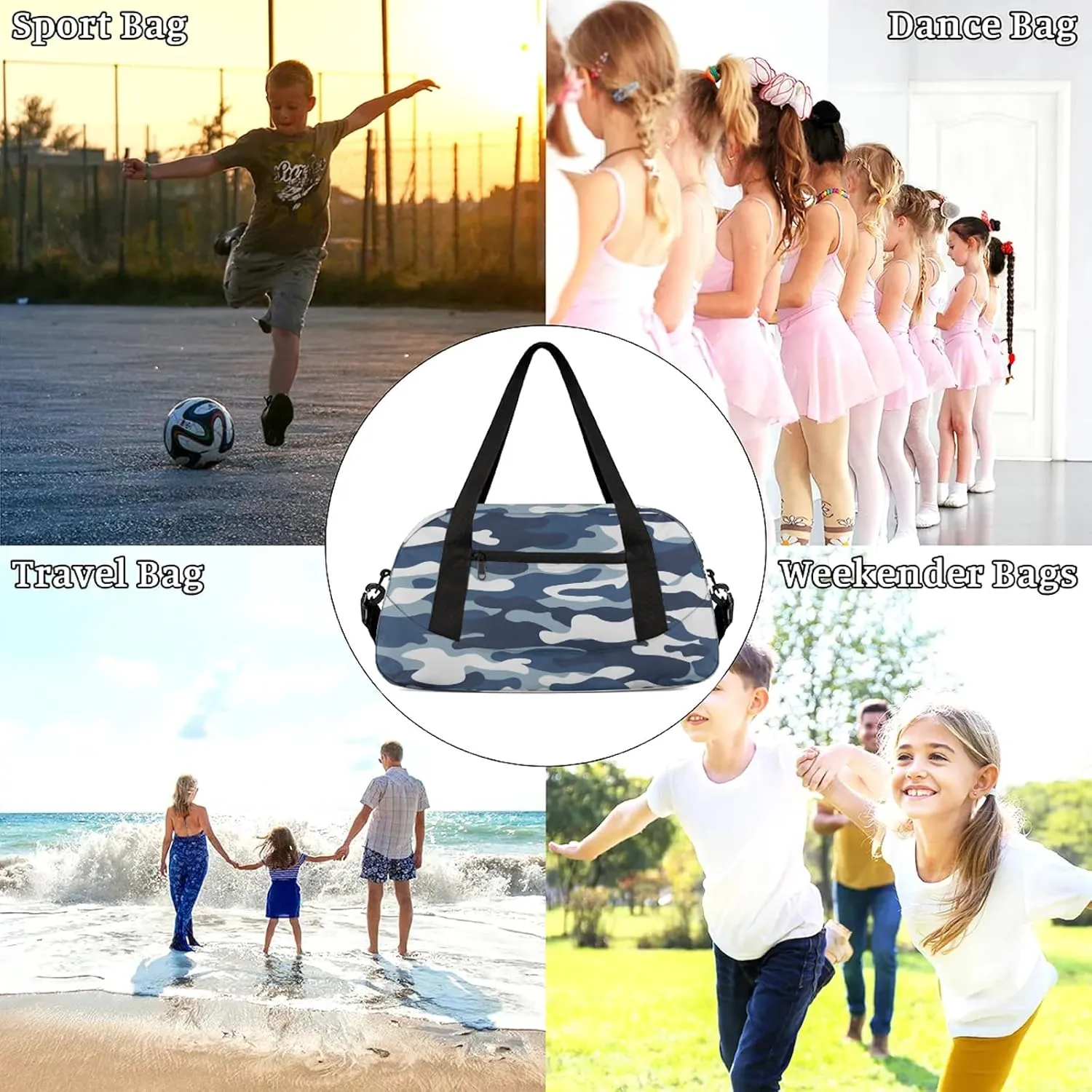 Camouflage Pattern Kids Duffel Bag Lightweight Waterproof Sports Gym Bag with Front Zipper Pocket Foldable Weekender Overnight Bag for School Practice Gymnastic Ballet