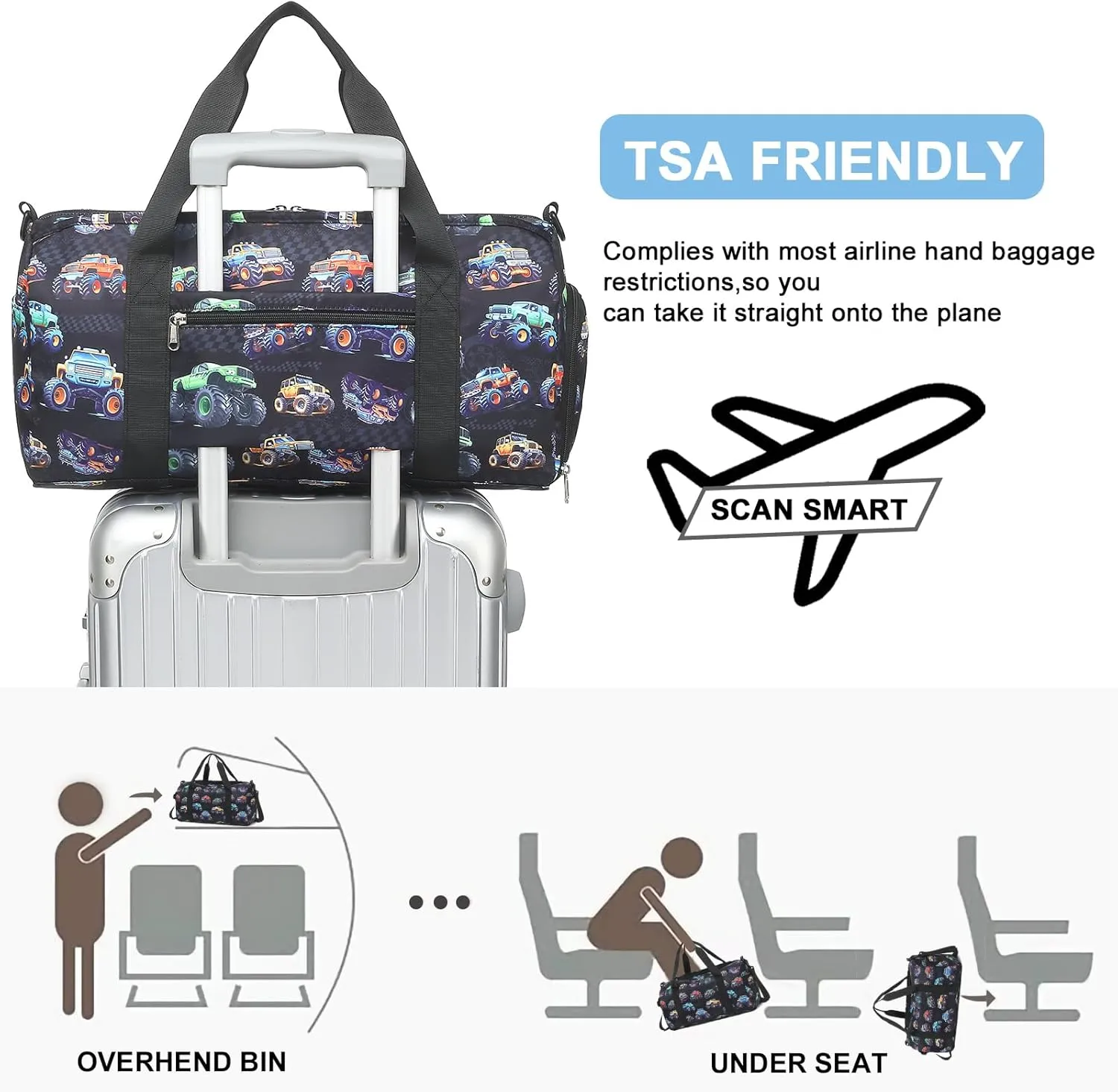 CAMTOP Kids Duffel Overnight Bag Boys Girls Toddler Weekender Carry-On Personalized Tote for Travel Gym Sport (D-Car)