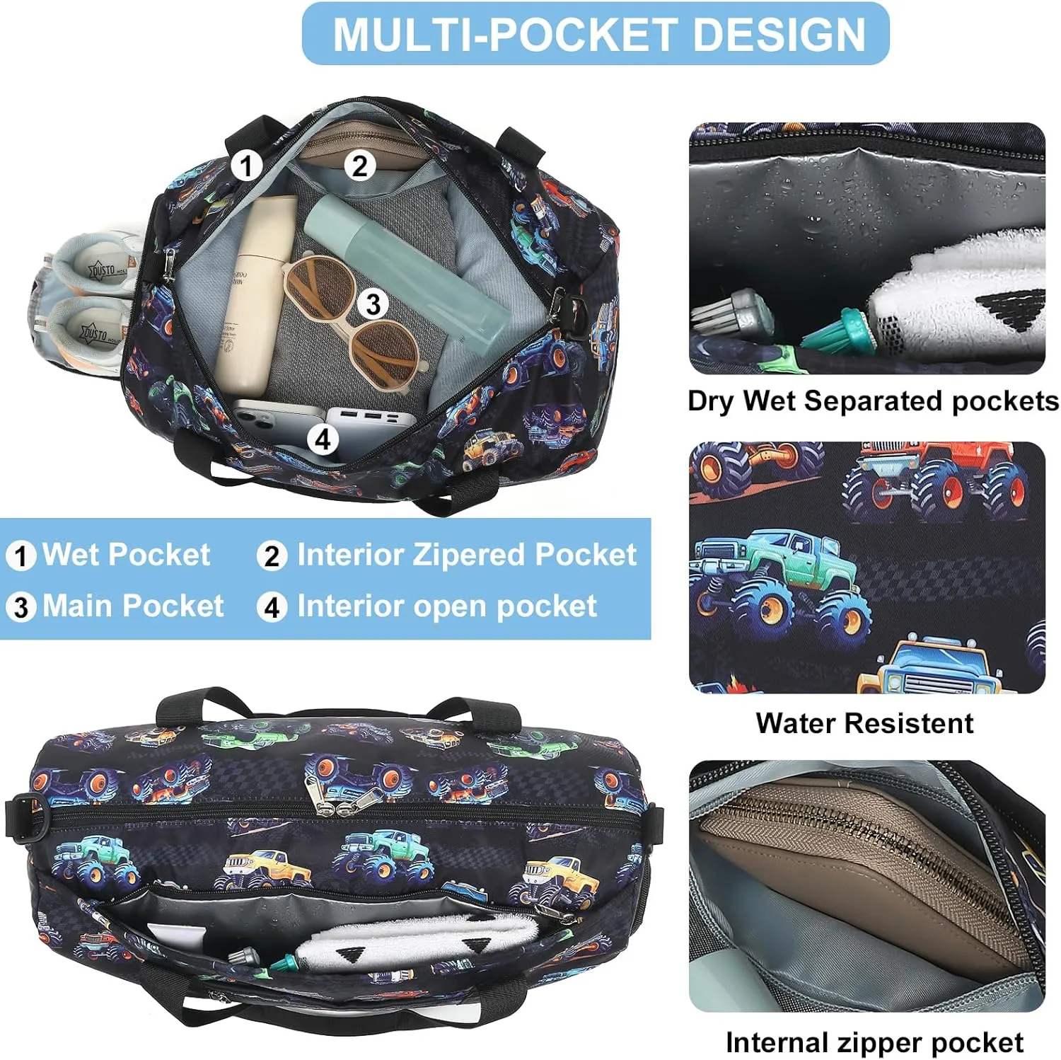 CAMTOP Kids Duffel Overnight Bag Boys Girls Toddler Weekender Carry-On Personalized Tote for Travel Gym Sport (D-Car)