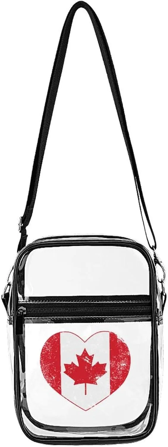 Canada Heart Retro Flag Clear Stadium Crossbody Bag Small Shoulder Purse Adjustable Strap Handbag for Women Men