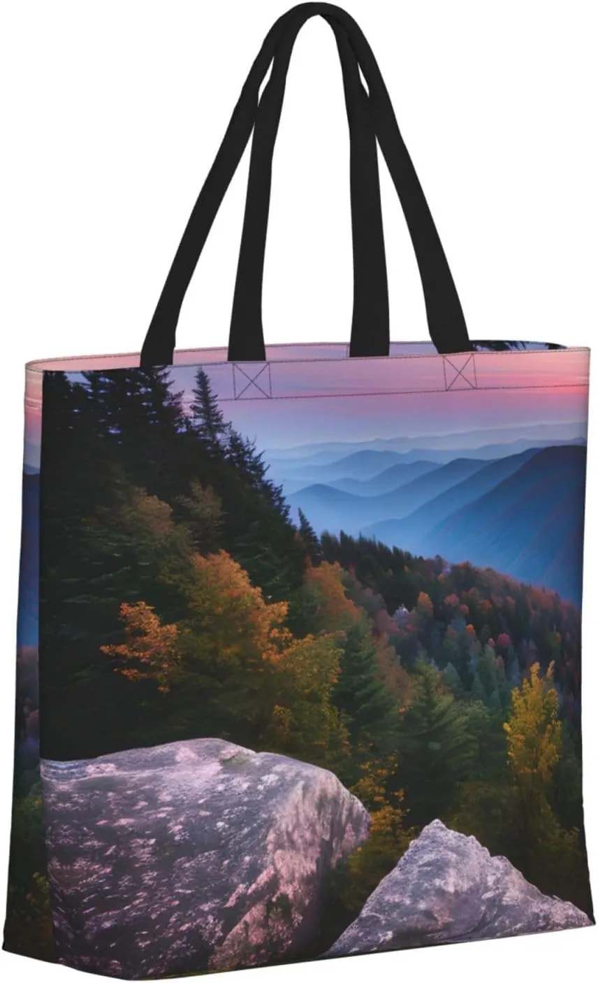 Canadian Smokey Mountain Cliff Large-Capacity Polyester Tote Bag With Zipper Pockets One-Shoulder Tote Bag