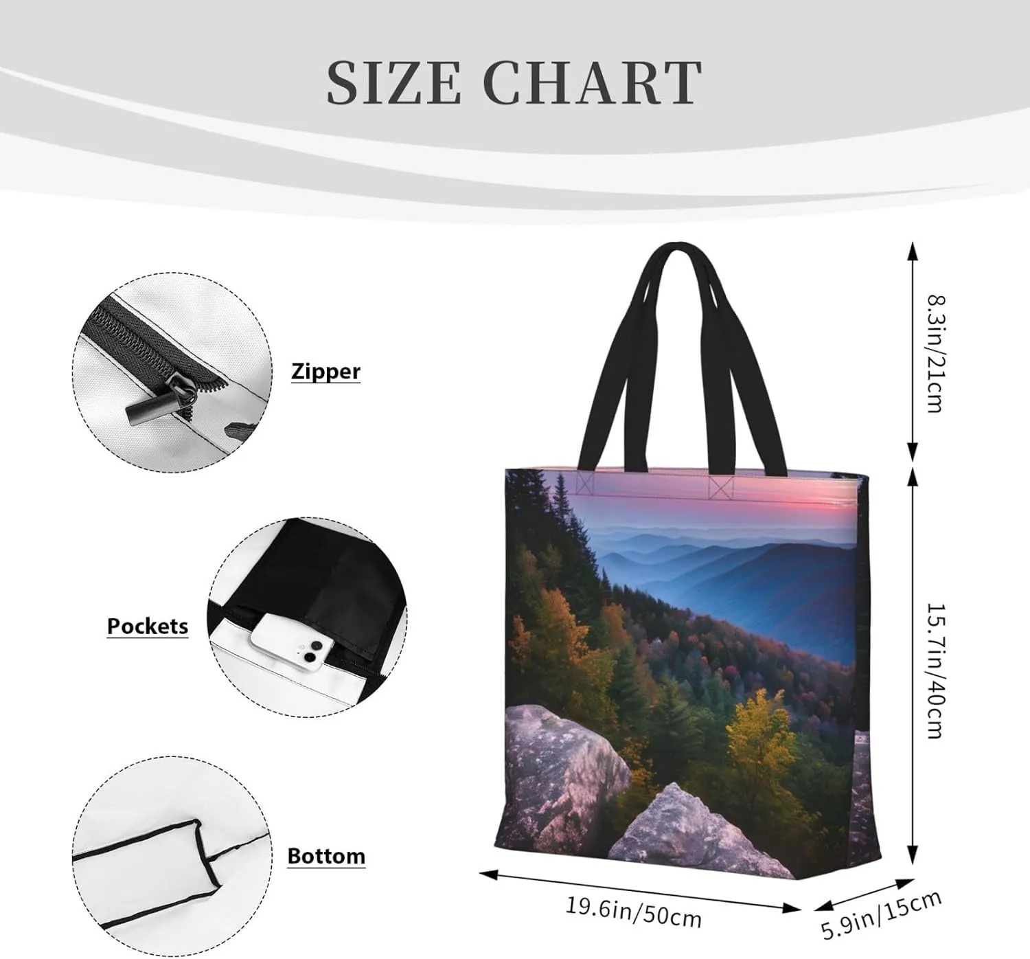 Canadian Smokey Mountain Cliff Large-Capacity Polyester Tote Bag With Zipper Pockets One-Shoulder Tote Bag