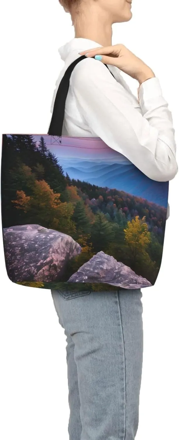Canadian Smokey Mountain Cliff Large-Capacity Polyester Tote Bag With Zipper Pockets One-Shoulder Tote Bag