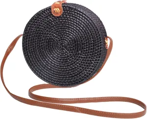 Candy Colors Handwoven Round Rattan Shoulders Handbags Natural Chic Hand Tropical Beach Style with Leather Strap