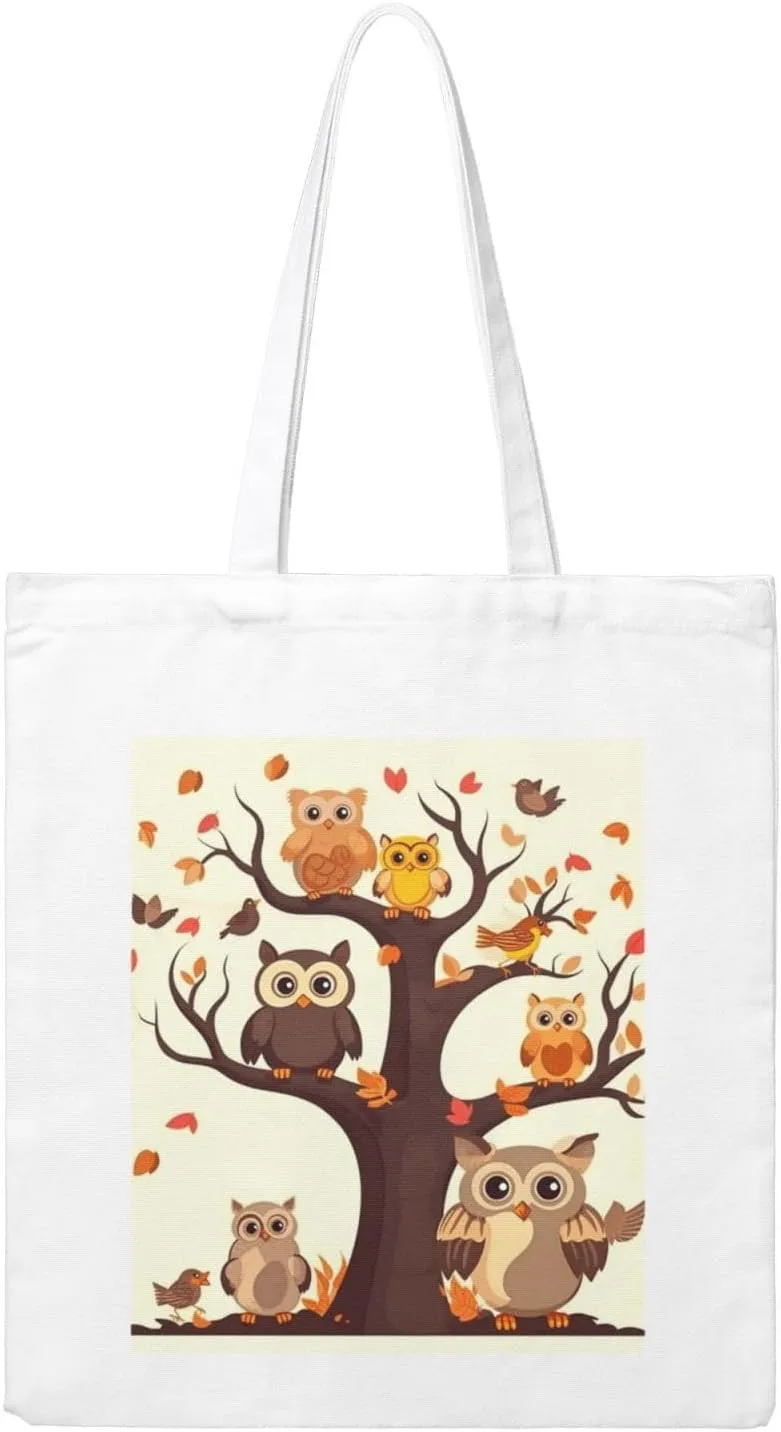 Canvas Aesthetic Tote Bag for Women Handbag Cartoon Family Owls On The Brown Tree Reusable Grocery Bags with Handles
