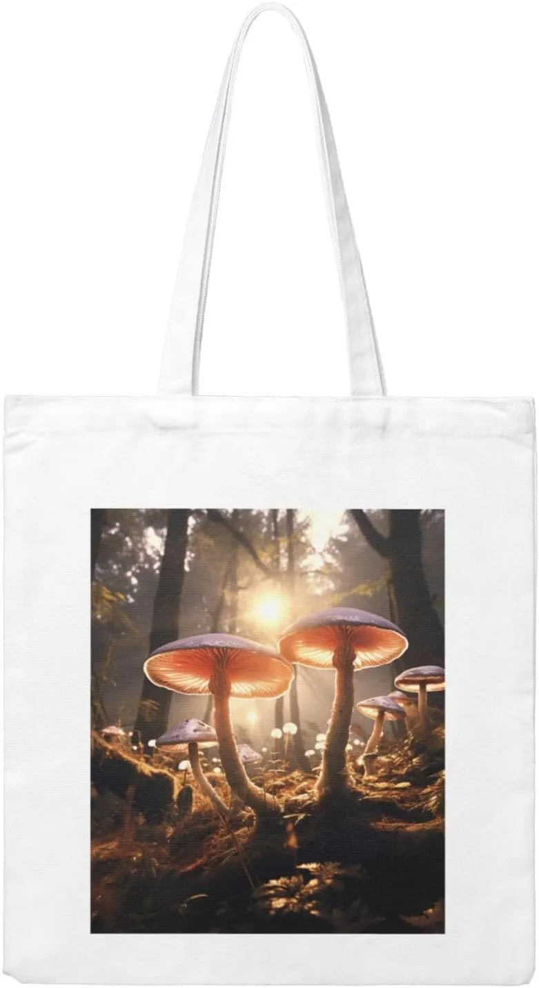 Canvas Aesthetic Tote Bag for Women Handbag Mushroom Forest Reusable Grocery Bags with Handles