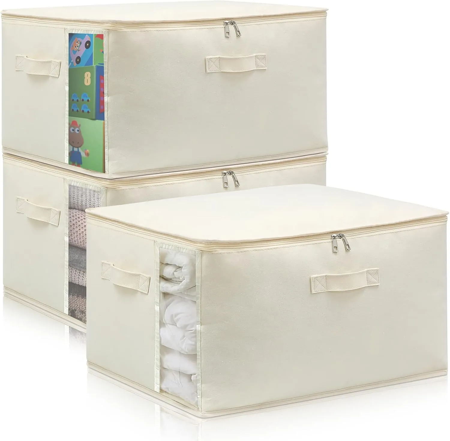 Canvas Comforters Bags Closet Organizers and Storage for Quilts Clothes Organization Containers Bins with Sturdy Zipper, Clear Window 75L for Sweaters Blankets Storage Bedroom Collapsible