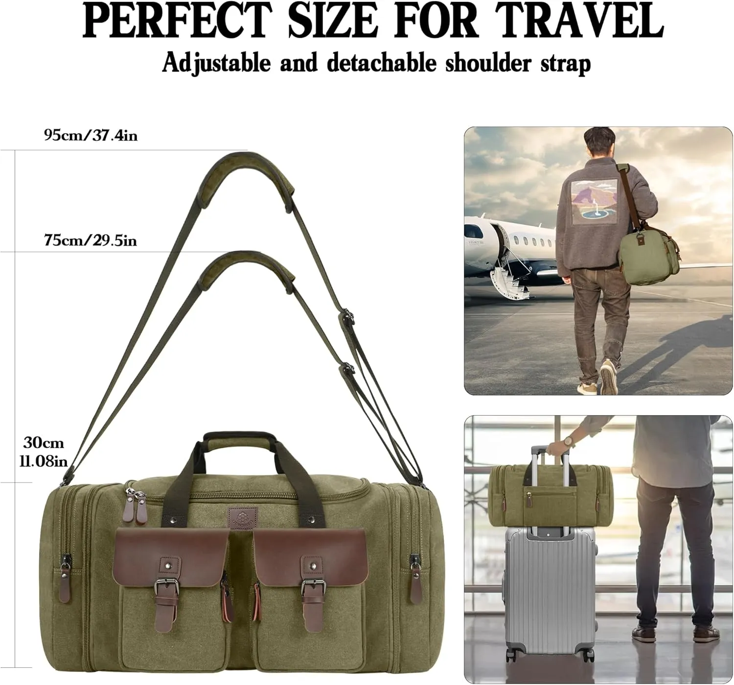 Canvas Duffle Bag for Men 50L Travel Duffel Bags Expandable Genuine Leather Duffel Overnight Weekender Carry On Bag Two Zipper Pockets Travel Bag (Army Green, Large-50L)
