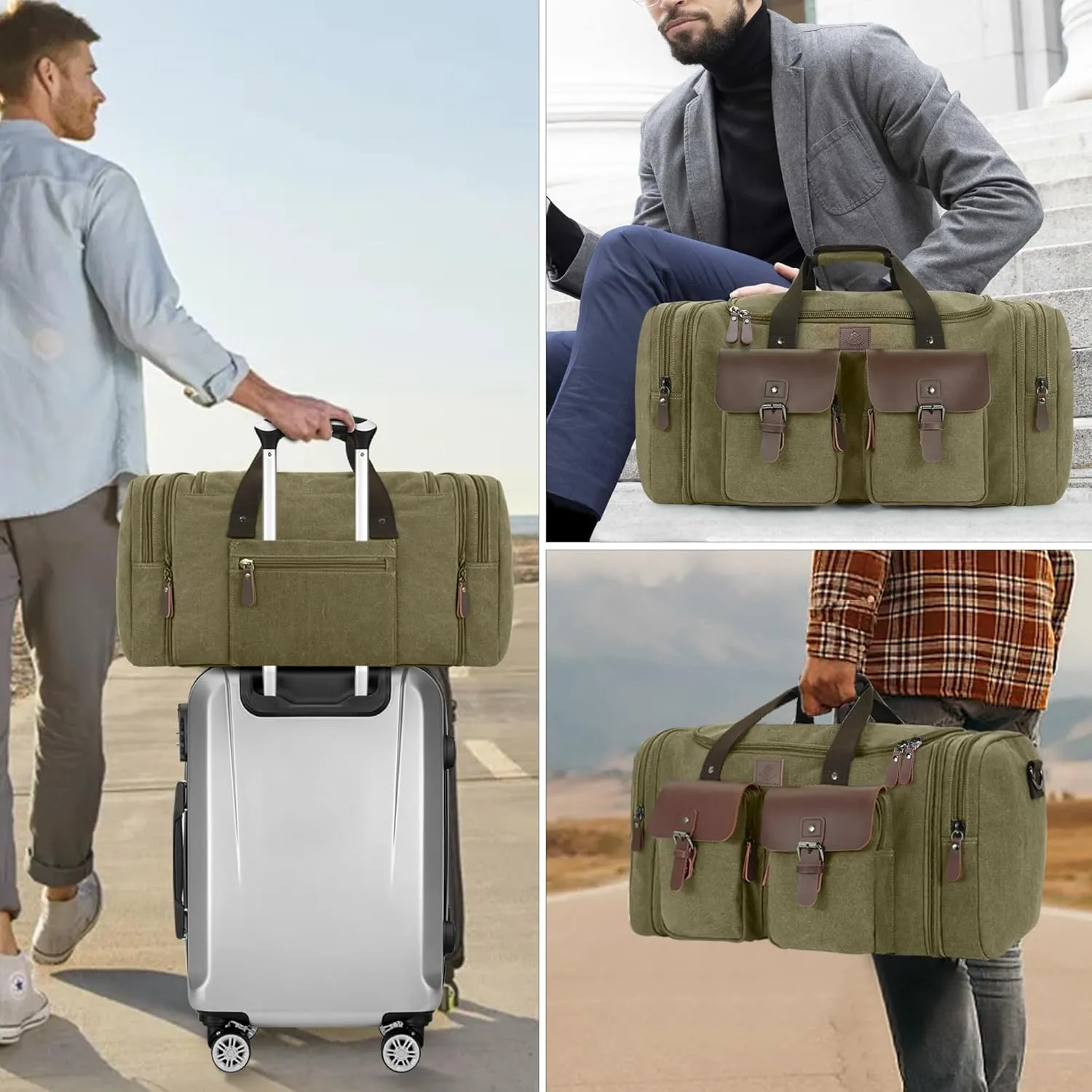 Canvas Duffle Bag for Men 50L Travel Duffel Bags Expandable Genuine Leather Duffel Overnight Weekender Carry On Bag Two Zipper Pockets Travel Bag (Army Green, Large-50L)