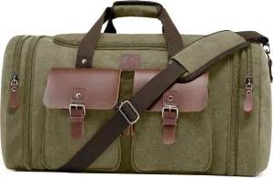 Canvas Duffle Bag for Men 50L Travel Duffel Bags Expandable Genuine Leather Duffel Overnight Weekender Carry On Bag Two Zipper Pockets Travel Bag (Army Green, Large-50L)