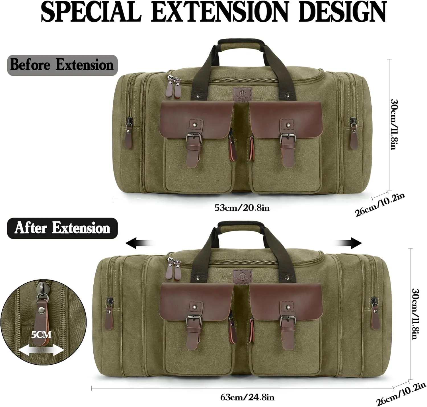 Canvas Duffle Bag for Men 50L Travel Duffel Bags Expandable Genuine Leather Duffel Overnight Weekender Carry On Bag Two Zipper Pockets Travel Bag (Army Green, Large-50L)