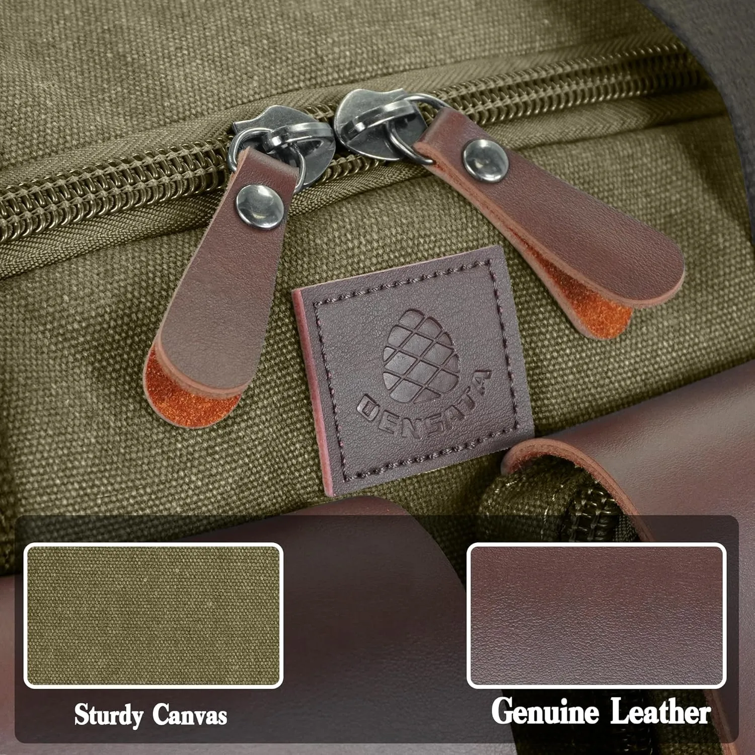 Canvas Duffle Bag for Men 50L Travel Duffel Bags Expandable Genuine Leather Duffel Overnight Weekender Carry On Bag Two Zipper Pockets Travel Bag (Army Green, Large-50L)