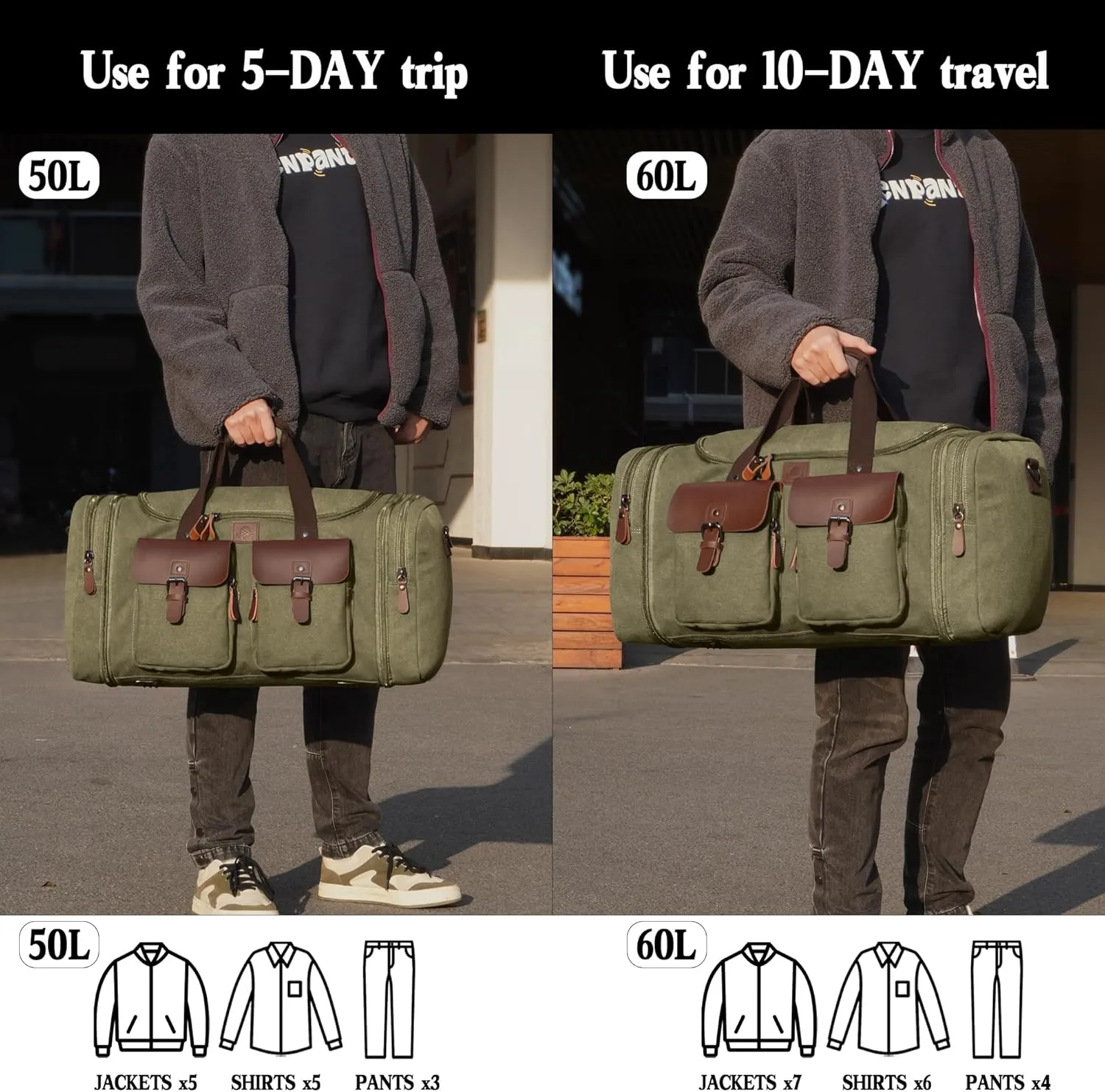 Canvas Duffle Bag for Men 50L Travel Duffel Bags Expandable Genuine Leather Duffel Overnight Weekender Carry On Bag Two Zipper Pockets Travel Bag (Army Green, Large-50L)
