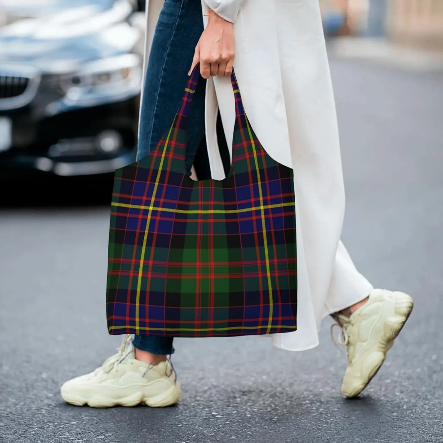 Canvas Shoulder Tote Bags For Women And Men, Reusable Grocery Bags, Large Capacity Carmichael Modern Tartan Printed
