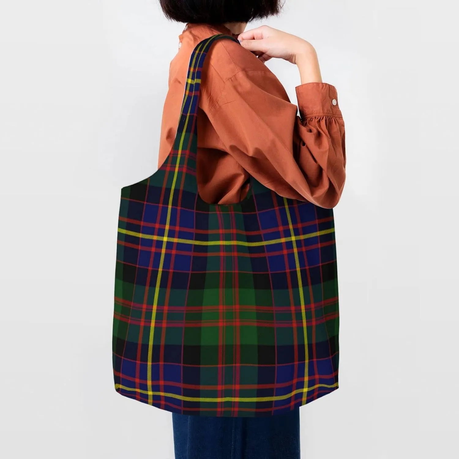 Canvas Shoulder Tote Bags For Women And Men, Reusable Grocery Bags, Large Capacity Carmichael Modern Tartan Printed
