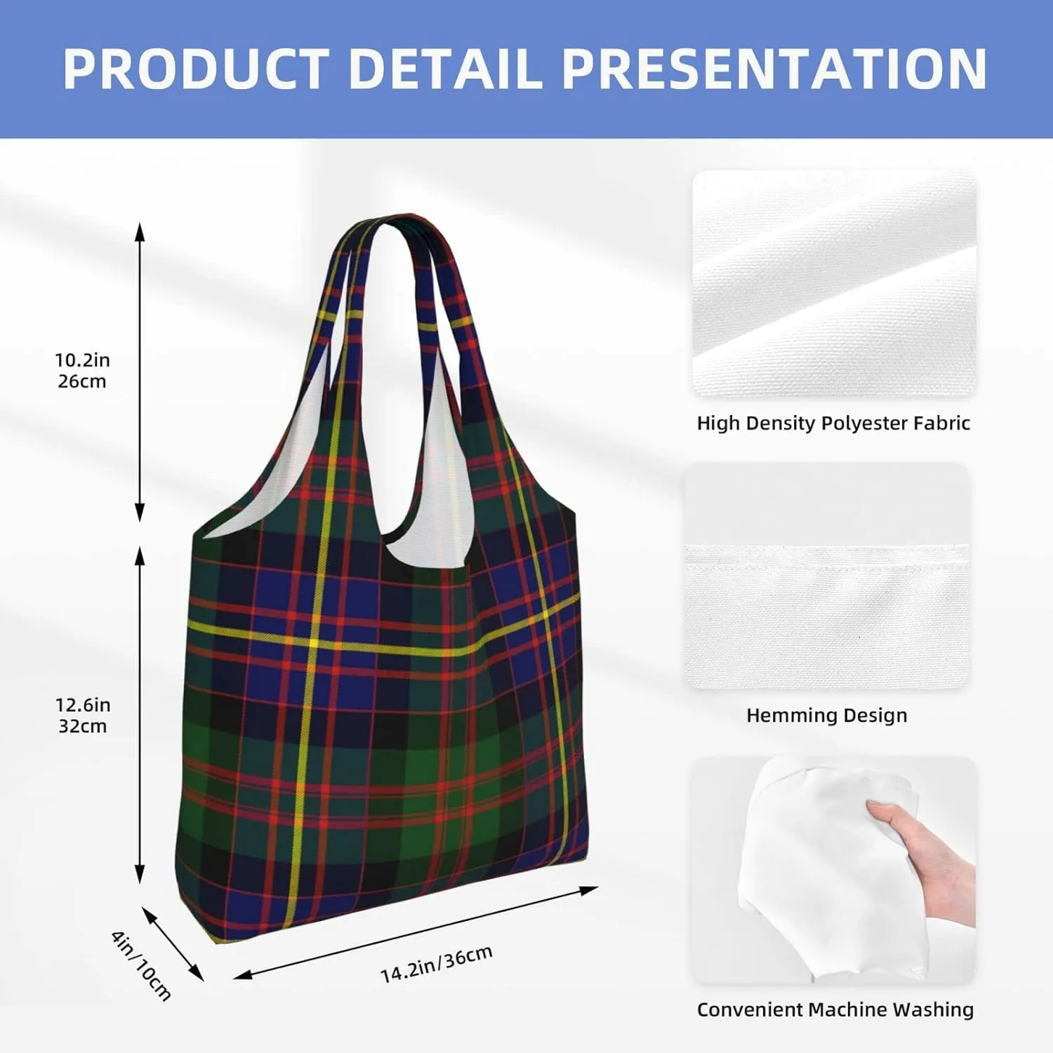 Canvas Shoulder Tote Bags For Women And Men, Reusable Grocery Bags, Large Capacity Carmichael Modern Tartan Printed