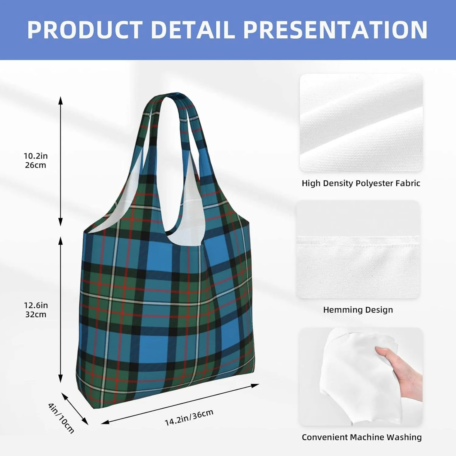 Canvas Shoulder Tote Bags For Women And Men, Reusable Grocery Bags, Large Capacity Fletcher Modern Tartan Printed