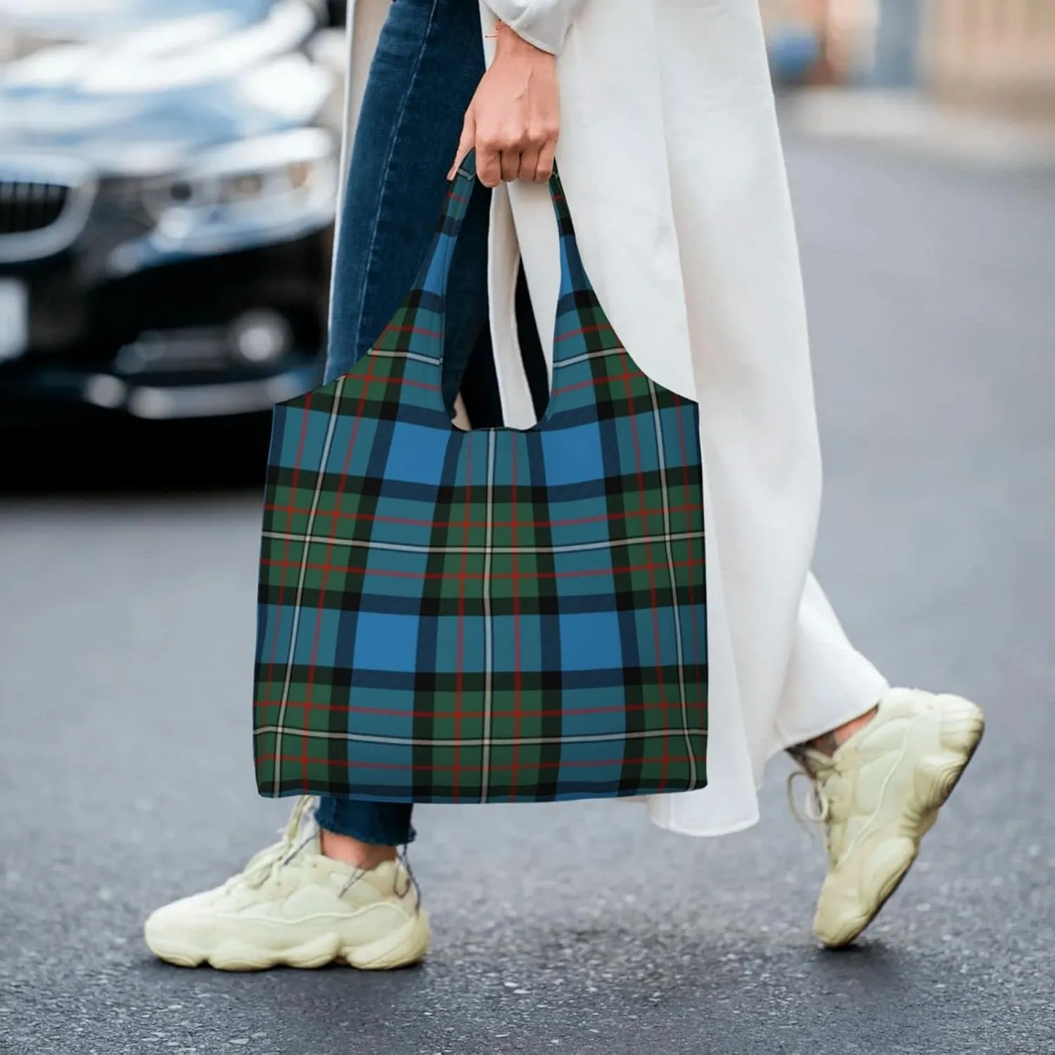 Canvas Shoulder Tote Bags For Women And Men, Reusable Grocery Bags, Large Capacity Fletcher Modern Tartan Printed