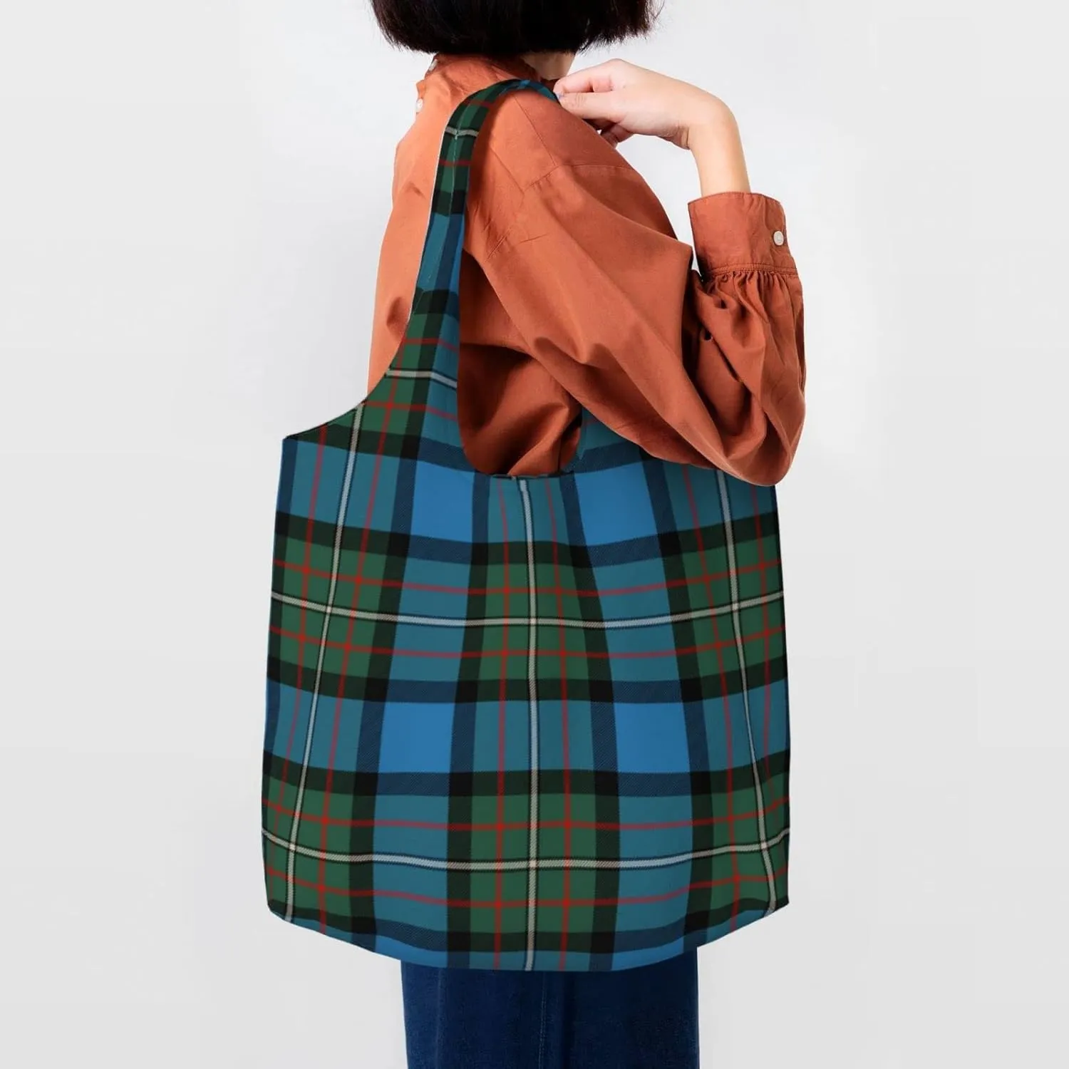 Canvas Shoulder Tote Bags For Women And Men, Reusable Grocery Bags, Large Capacity Fletcher Modern Tartan Printed
