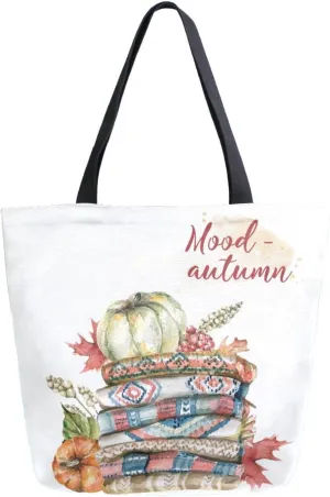 Canvas Tote Bag Autumn Plaid Pumpkins Women Shoulder Bag Floral Composition Leaves Flowers Reusable Grocery Bags Large Handbag Travel Shopping Bag for School Nursing Gift Outdoors
