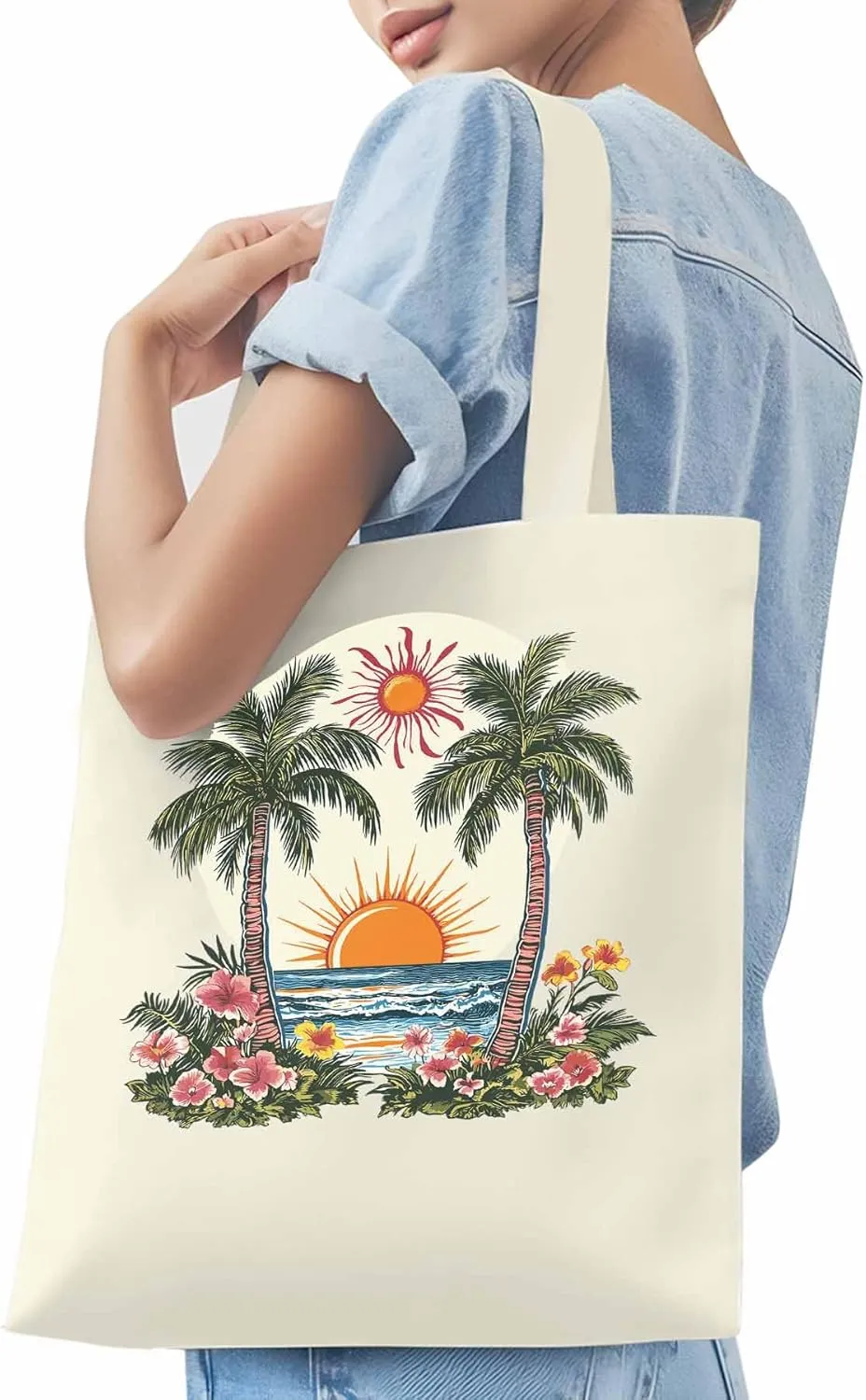 Canvas Tote Bag, Boho Sun Beach Palm Trees Floral patterned Canvas Tote Handbags for Women Shoulder Bag,