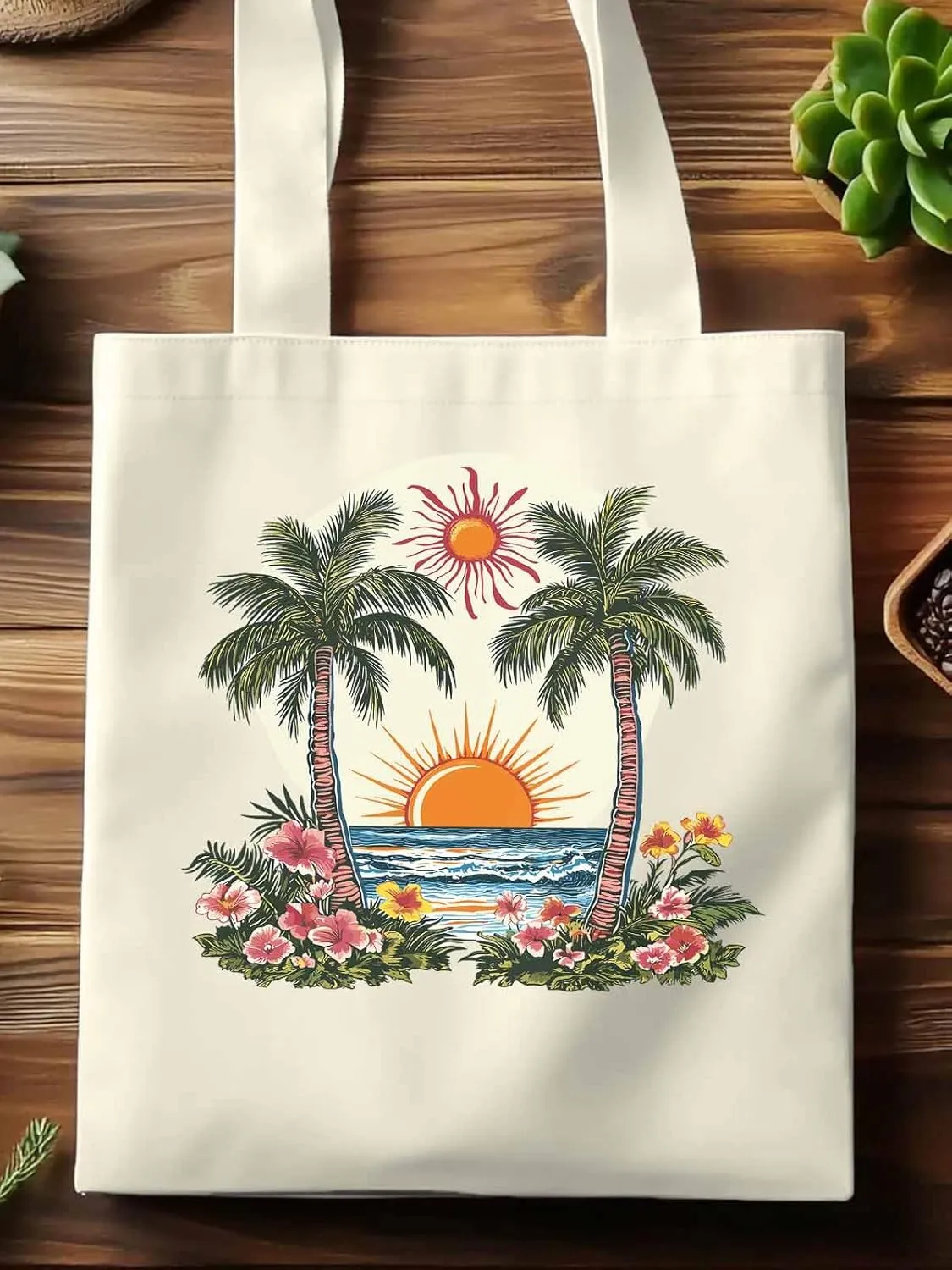 Canvas Tote Bag, Boho Sun Beach Palm Trees Floral patterned Canvas Tote Handbags for Women Shoulder Bag,