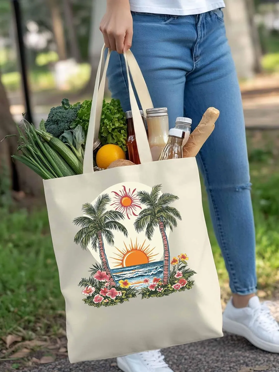 Canvas Tote Bag, Boho Sun Beach Palm Trees Floral patterned Canvas Tote Handbags for Women Shoulder Bag,