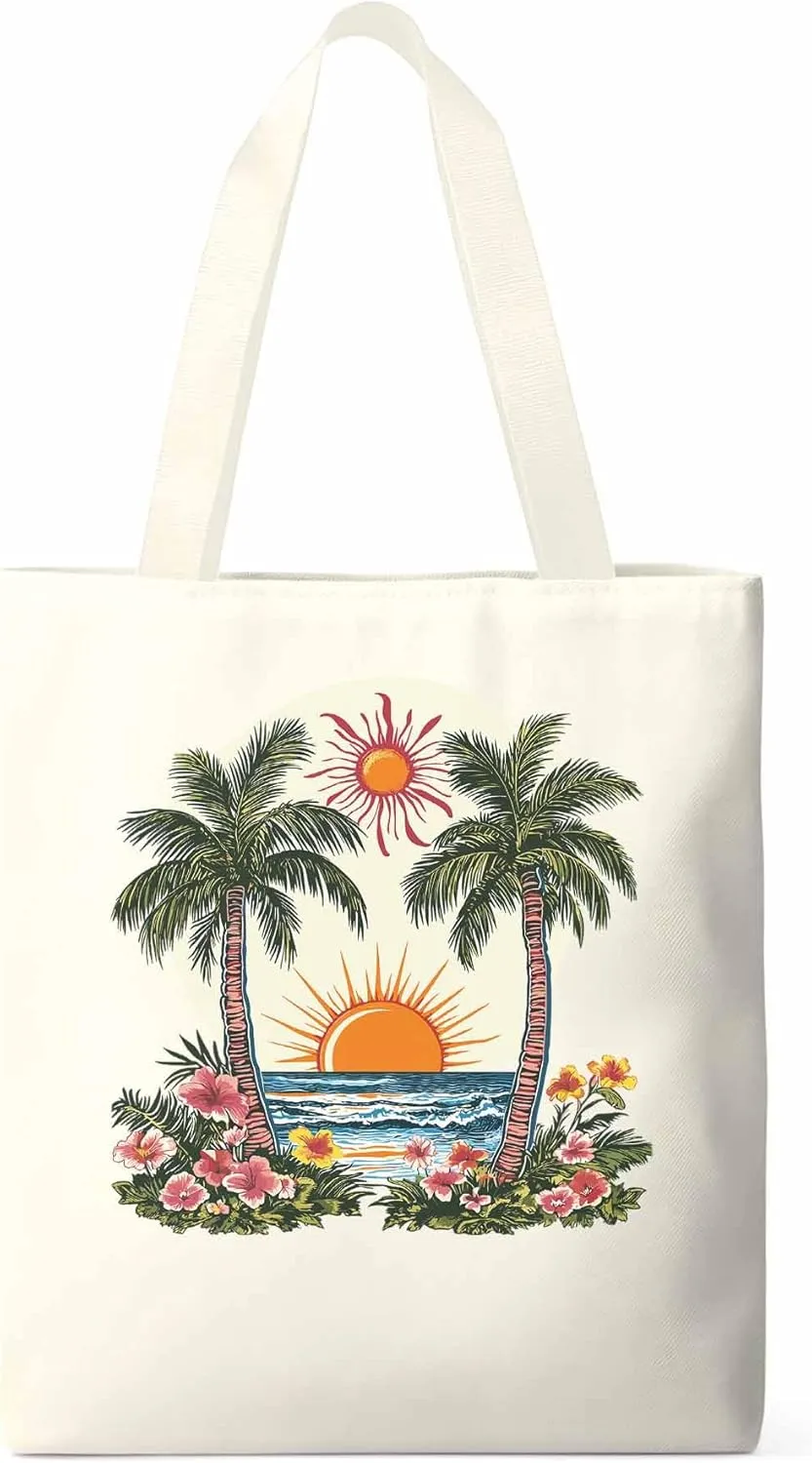 Canvas Tote Bag, Boho Sun Beach Palm Trees Floral patterned Canvas Tote Handbags for Women Shoulder Bag,