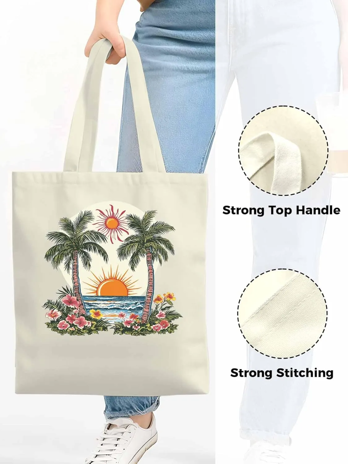 Canvas Tote Bag, Boho Sun Beach Palm Trees Floral patterned Canvas Tote Handbags for Women Shoulder Bag,