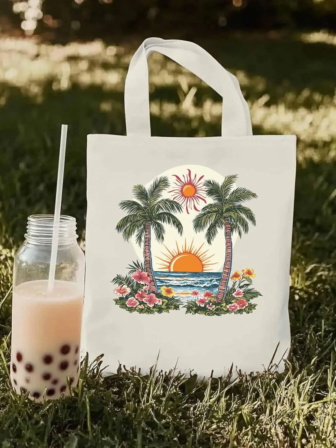 Canvas Tote Bag, Boho Sun Beach Palm Trees Floral patterned Canvas Tote Handbags for Women Shoulder Bag,